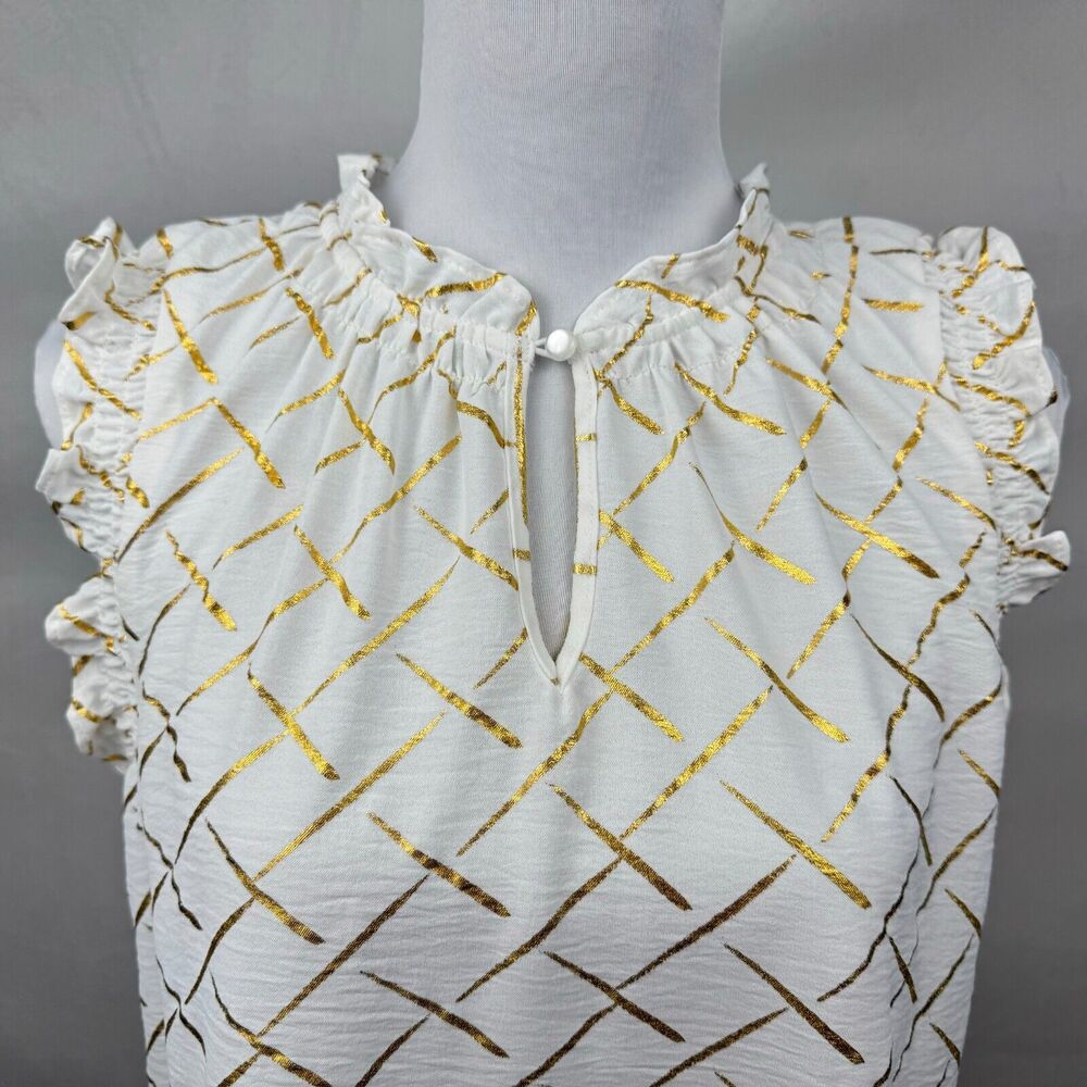 Como Black Ladies Sz S Blouse White Gold Print ruched round neck keyhole - Picture 3 of 7